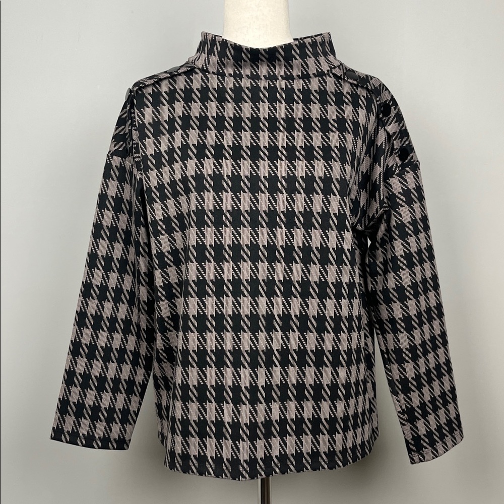 NWT Ann Taylor Factory Houndstooth Plaid Mock Neck Top‎ Women M Black Tan